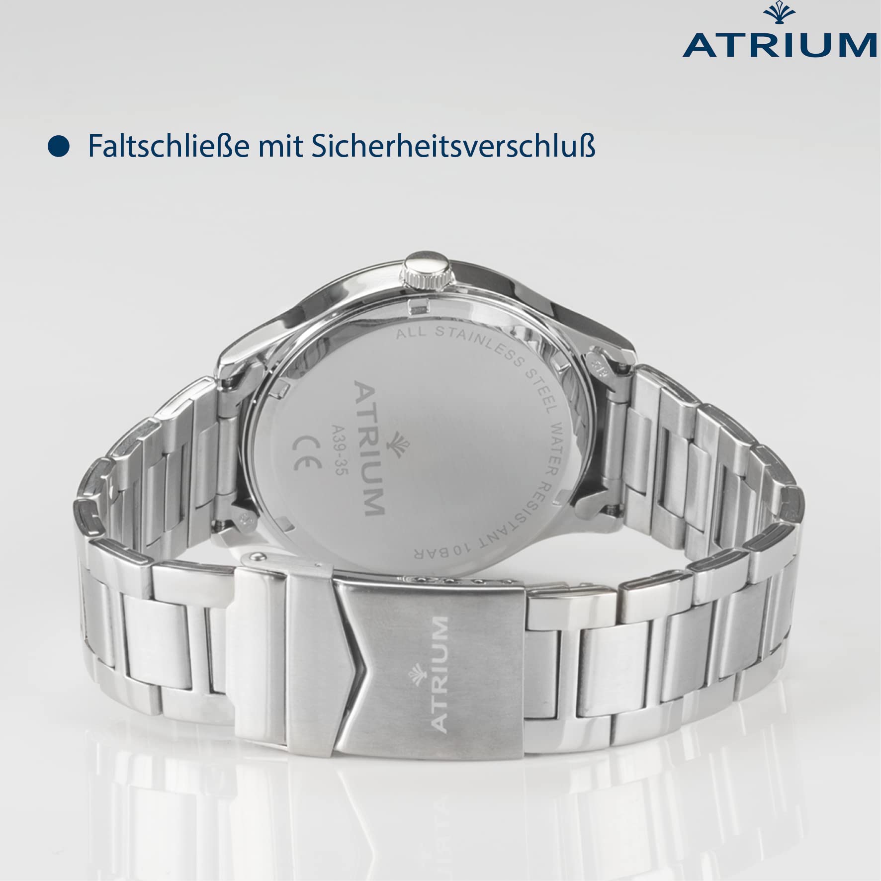 Atrium Herren-Armbanduhr Edelstahl Analog Quarz 10 bar mit Edelstahl Armband und Wochentag Datum Anzeige Silberfarben A39-35