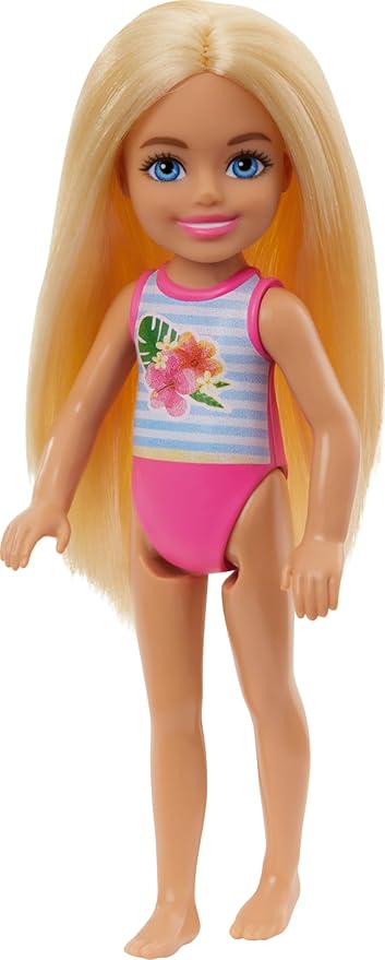 Barbie Chelsea Small Doll Featuring Swimsuit with Stripes & Floral Print, Blonde Hair & Blue Eyes