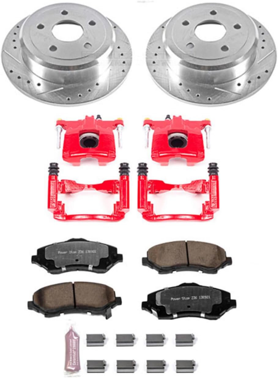 PowerStop Rear Brake & Caliper Kit For Jeep Wrangler 2007-17 | Jeep Wrangler JK 2018 - Drilled and Slotted Truck & Tow Disc Rotors with Ceramic Brake Pads Upgrade, KC3090-36