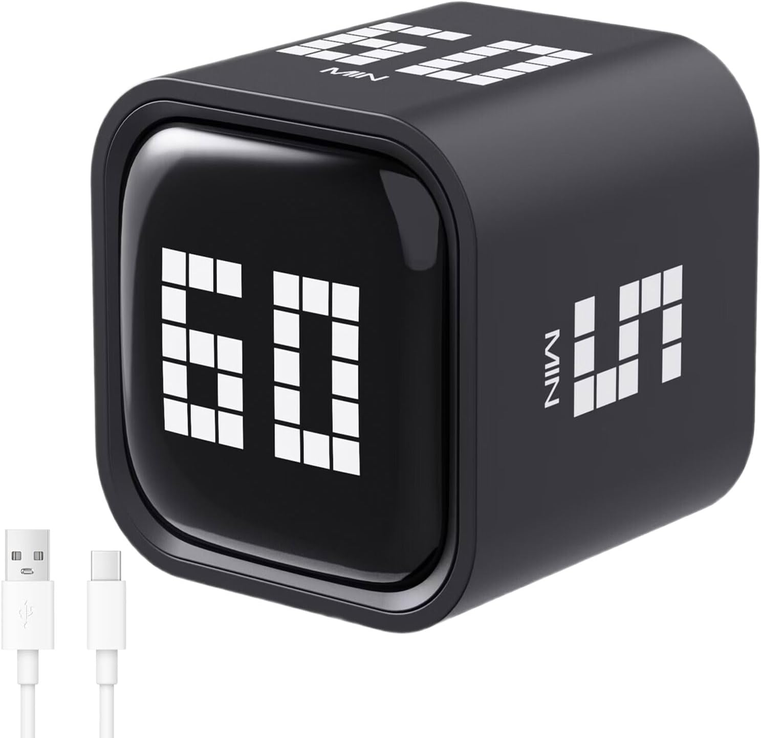 Rotating Digital Cube Timer with Gravity Sensor, 5/10/30/60 Min Preset & Custom Up to 99 Min, USB-C Rechargeable Stopwatch, Vibration Volume Mute Alert for Pomodoro Focus Study Kitchen (Black)