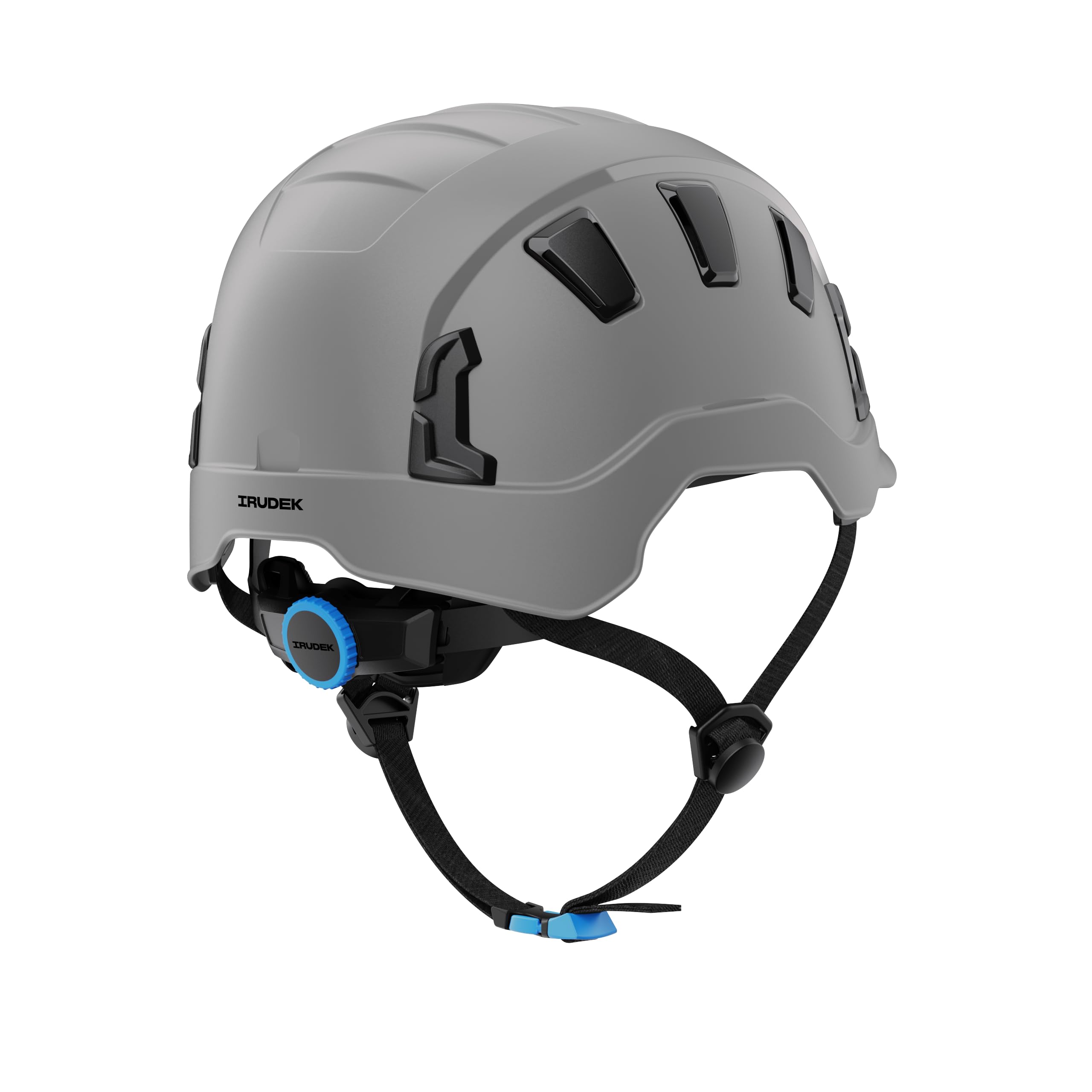 Irudek OREKA II Vent Gris – Casco ventilado para Trabajos en Altura, ABS Ultraligero, barboquejo Ajustable, Ranuras universales 30 mm, Chip NFC Integrado, Certificado EN 397 y EN 12492
