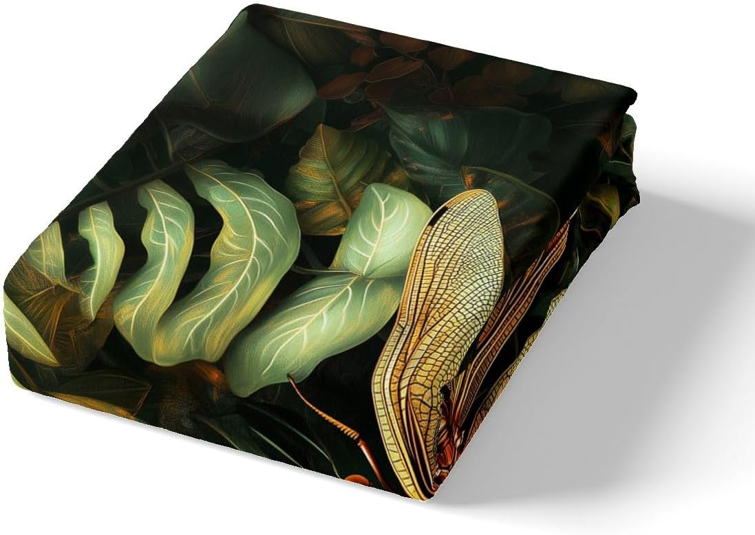 Green Dragonfly Fitted Sheet Full Size,Palm Leaf Bedding Sets for Kids Boys Girls Teen Adult Room Decor,Bohemian Trippy Style Bed Sheets Wildlife Animal Botanical Deep Pocket Sheet,2 Pillowcases