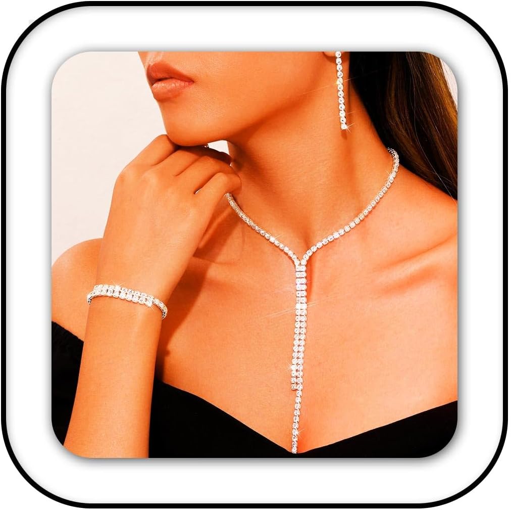 GORAIS Prom Wedding Jewelry Set Rhinestone Necklace Formal Bridal Jewelry Sets for Women and Brides