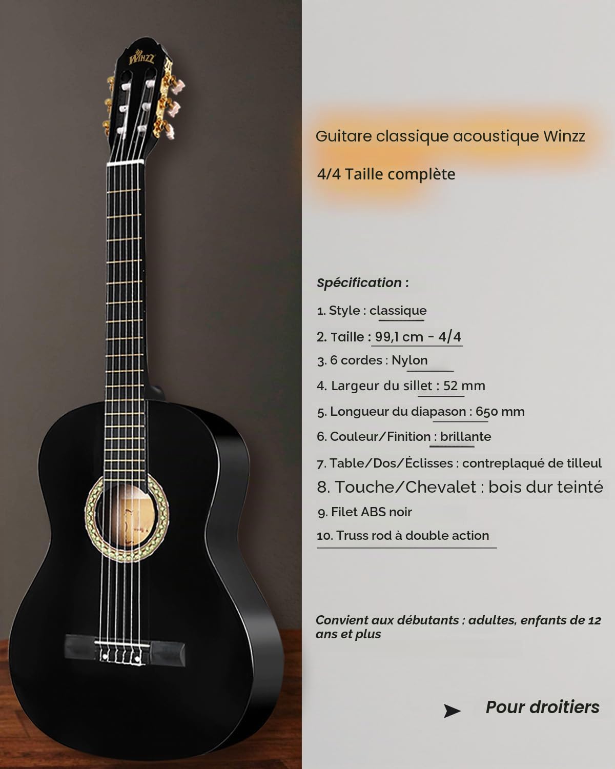 Winzz Guitare Classique Adulte Débutant avec 7 Accessoires – Pack Guitare 4/4 Cordes en Nylon - Noir Brillant 39 Pouces