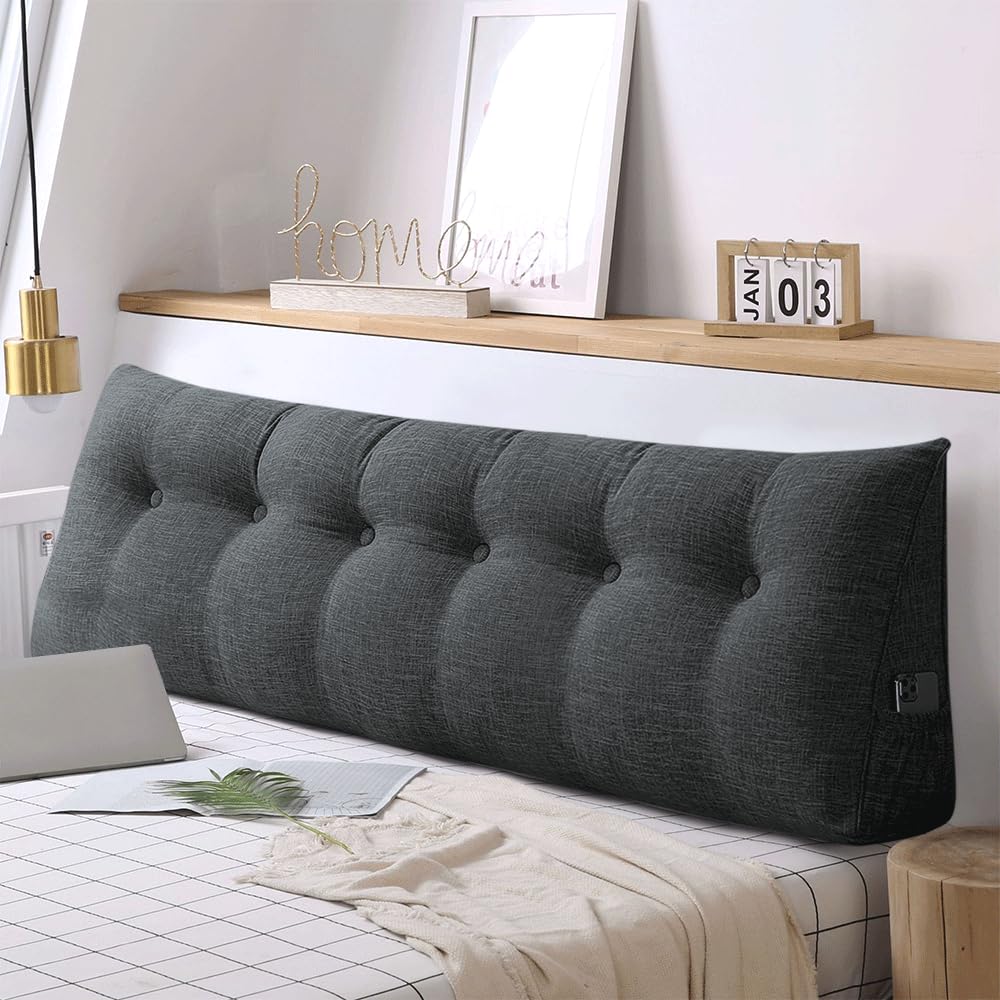 Cojín de cuña Triangular, Soporte para la Cama, Almohada de Lectura, extraíble (Gris Oscuro, 180 x 50 x 20 cm, Algodón Y Lino)