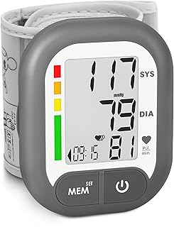 Blood Pressure Monitor Adjustable Wrist Cuff for Home Use Automatic BP Machine Large Digital LCD Display 199 Memory Batteries Included with Carrying Case, Grey