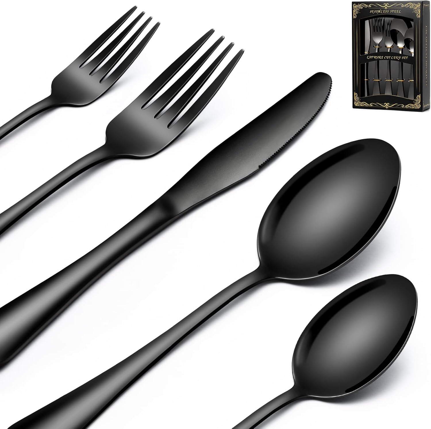 Deedro 40-Piece Black Silverware Set Service for 8, Stainless Steel Flatware Cutlery Set, Kitchen Tableware Set for Home and Restaurant, Knives Forks Spoons Set, Mirror Polished, Dishwasher Safe