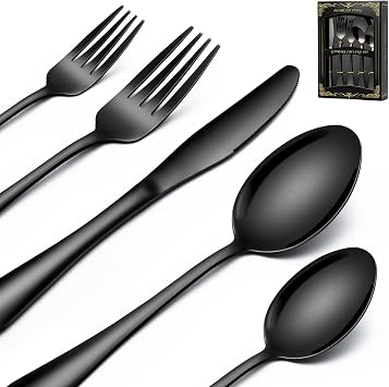 Deedro 40-Piece Black Silverware Set Service for 8, Stainless Steel Flatware Cutlery Set, Kitchen Tableware Set for Home and Restaurant, Knives Forks Spoons Set, Mirror Polished, Dishwasher Safe