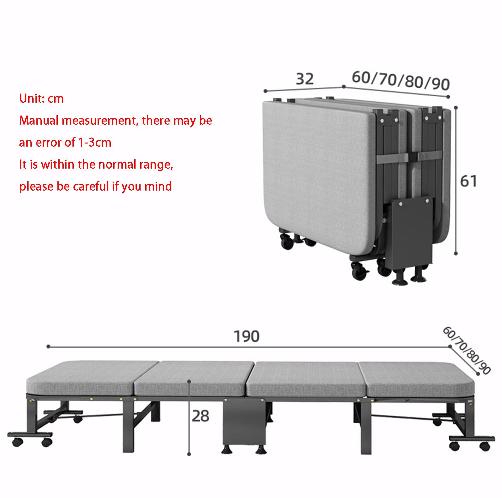 Cama plegable portátil con colchón de espuma viscoelástica que ahorra espacio, cama plegable individual para invitados, fácil almacenamiento, cama plegable, 190 x 70 x 30 cm