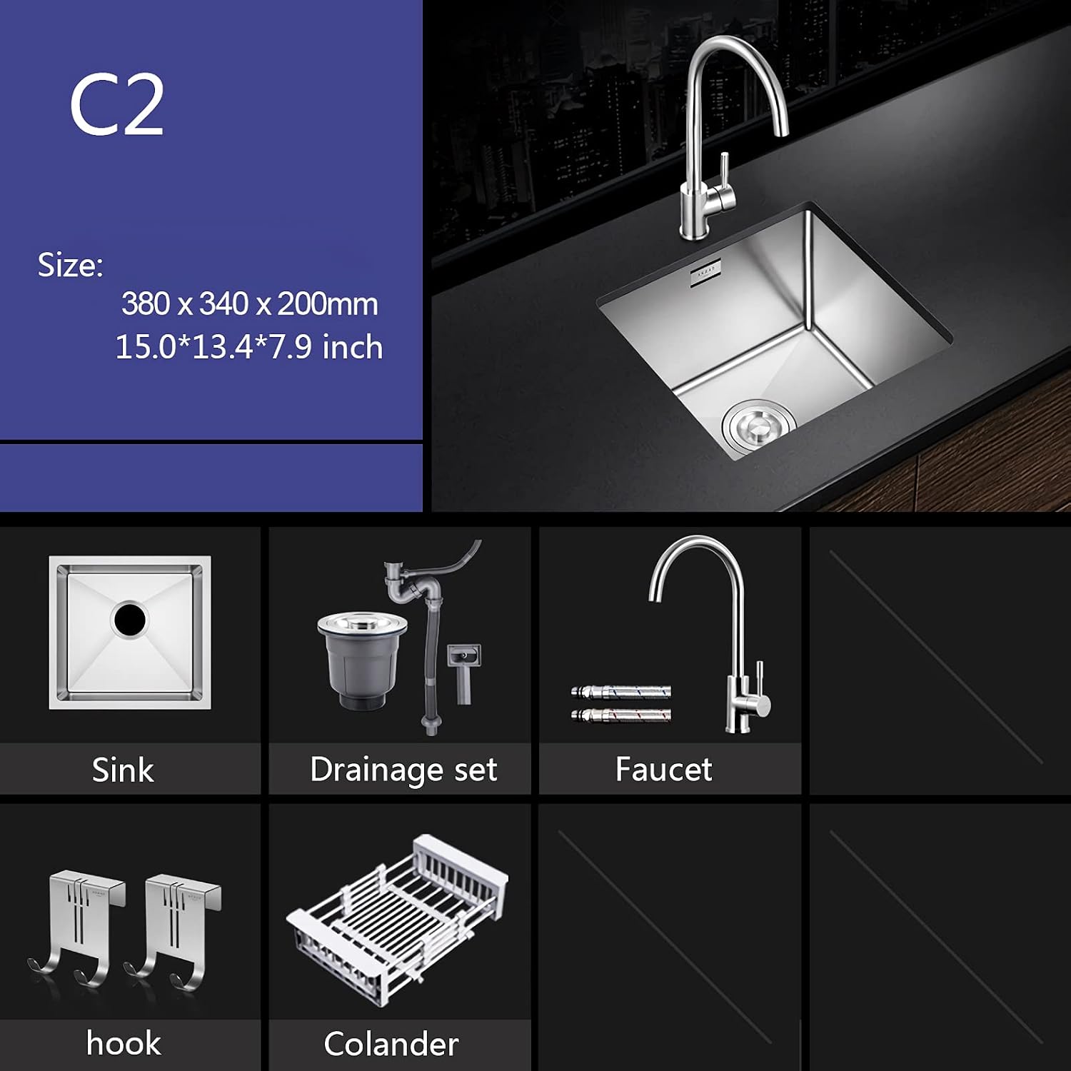 Utility Sink Bar Sink, Kitchen Sink, Stainless Steel Single Bowl with Faucet and Drain kit- 15 x 13 x 8 Inch Deep Bar/Prep Basin Kitchen Sink,One Color C2