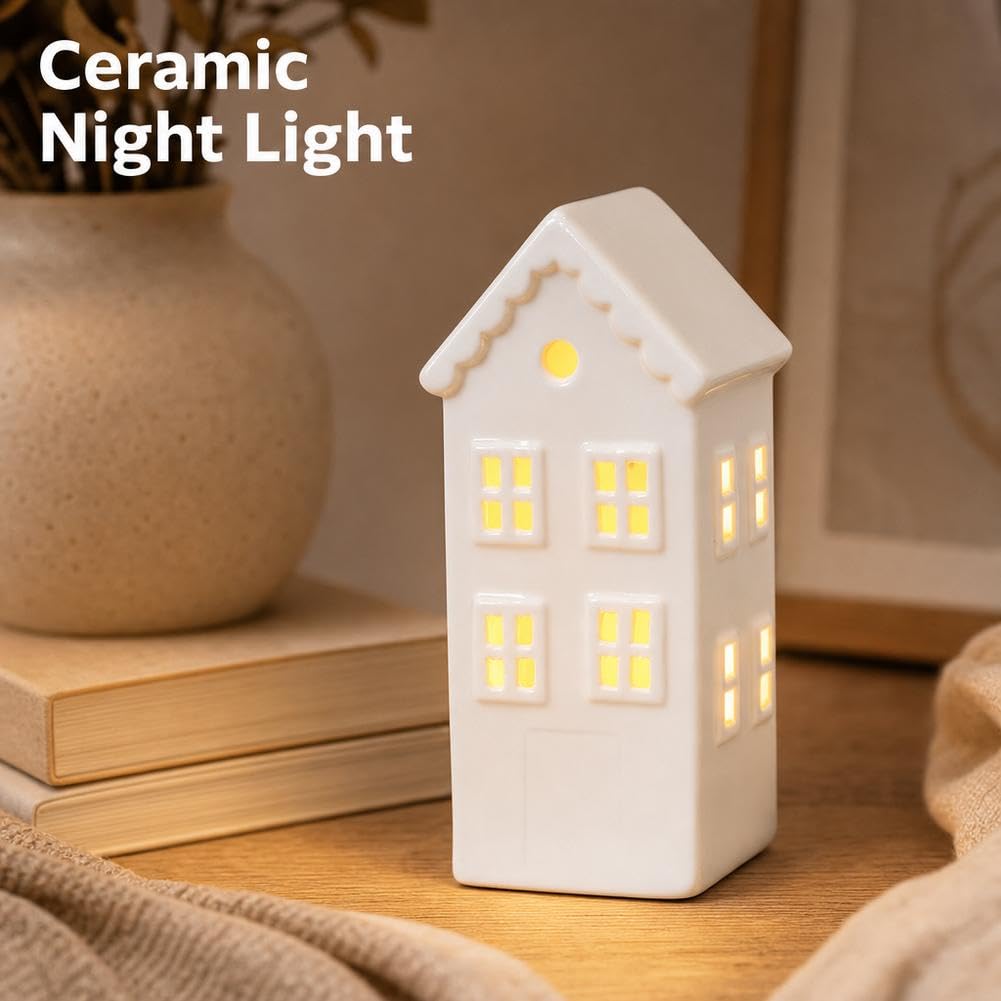 Set di 8 statuette di villaggio di Natale, in ceramica bianca, con luce LED, piccole statuette da tavolo in porcellana, decorazioni natalizie per vacanze invernali e mensole
