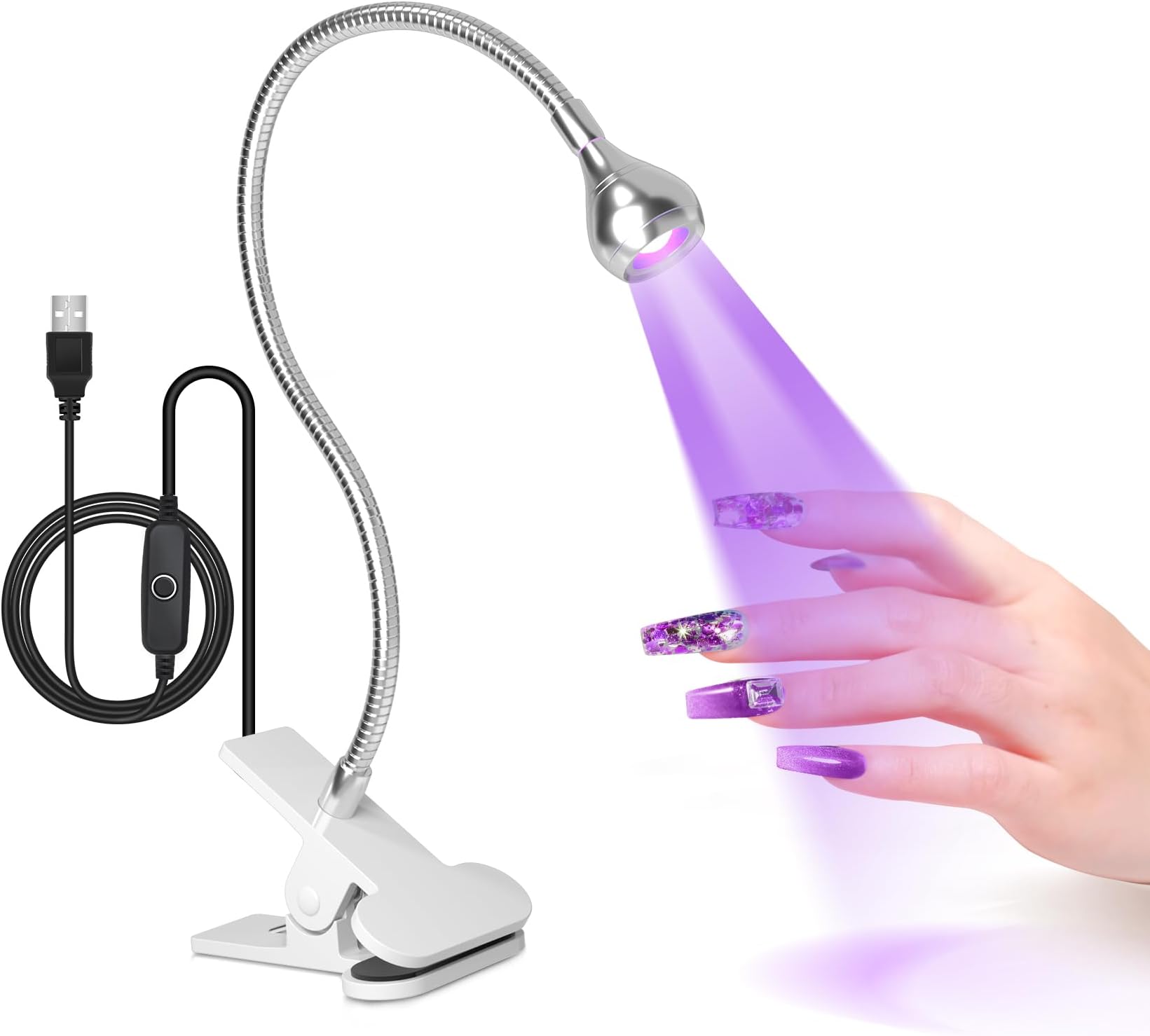 AORAEM U V Nail Lamp,Sliver 3W U V Light for Nails 35NM U V Gel X Nail Lamp with Gooseneck and Clamp for Gel Nail (AA-Silver)