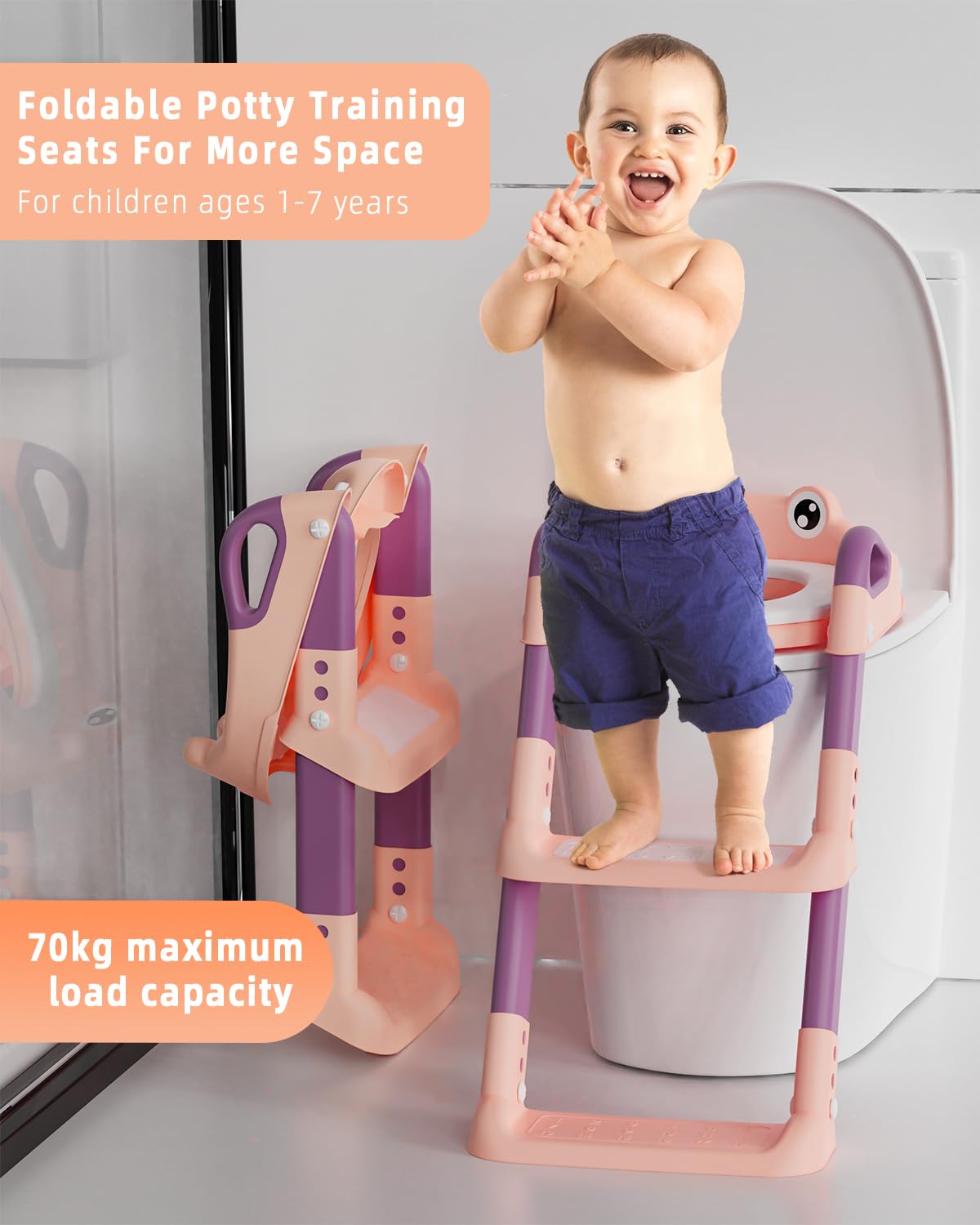 Reducteur Toilette Enfant, Réducteur WC avec Marches, Rehausseur Toilette Enfant avec PU-Coussin, Hauteur Réglable et Pliable, Antidérapante Adaptateur Toilette Enfant.