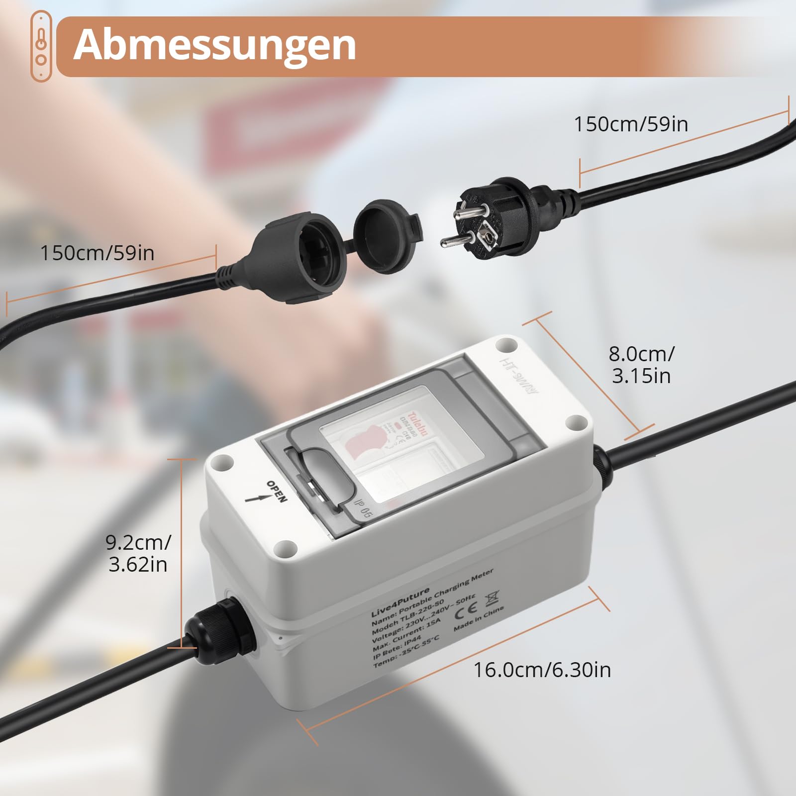 Kamtop Mobiler Digitaler Stromzähler, 230V 16A Outdoor Mobile KWH Messgerät mit LS-Schalter und Schuko, 2x1.5M Gummikabel, IP65 wasserdicht Zwischenzähler für Camping, Wohnmobil & Outdoor