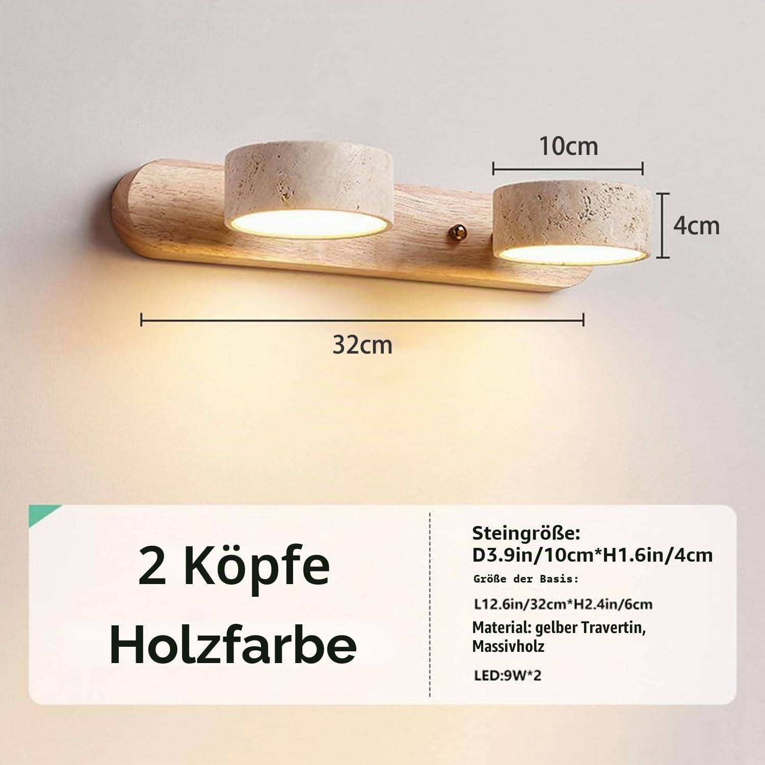 Wandleuchte aus Naturstein Travertin Gelb – Moderne LED Badezimmerleuchte mit Drehbarem Schirm, Vanity Light über Spiegel, für Flur Make-up Bereich, Naturholz, Ø32cm, Warmlicht