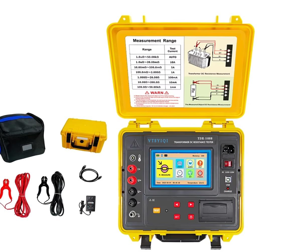 Transformer DC Resistance Tester Digital Ground Conductivity Tester Meter with 200.0uΩ～50.00kΩ Resolution 0.1uΩ 600 Groups Storage USB Interface IP65 Built-in Printer Function