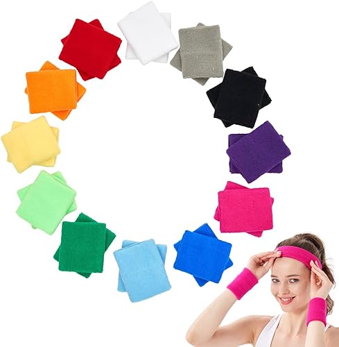 Miniatura 6 de Mallofusa 12 pares de coloridas muñequeras atléticas de algodón de rizo para gimnasio y deportes