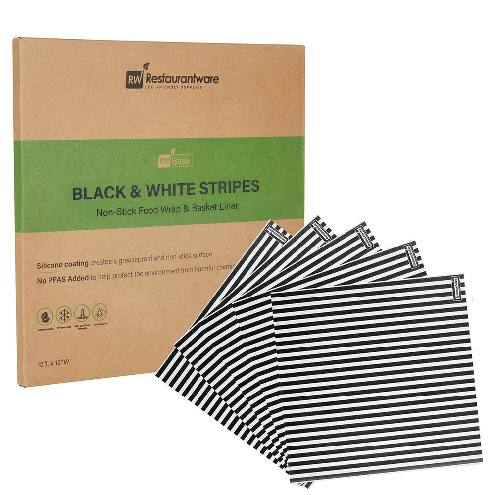 RW Base No PFAS añadido papel a rayas blancas y negras para papel de panadería y forro de cesta – a prueba de grasa – 12 x 12 pulgadas – Caja de 200 unidades