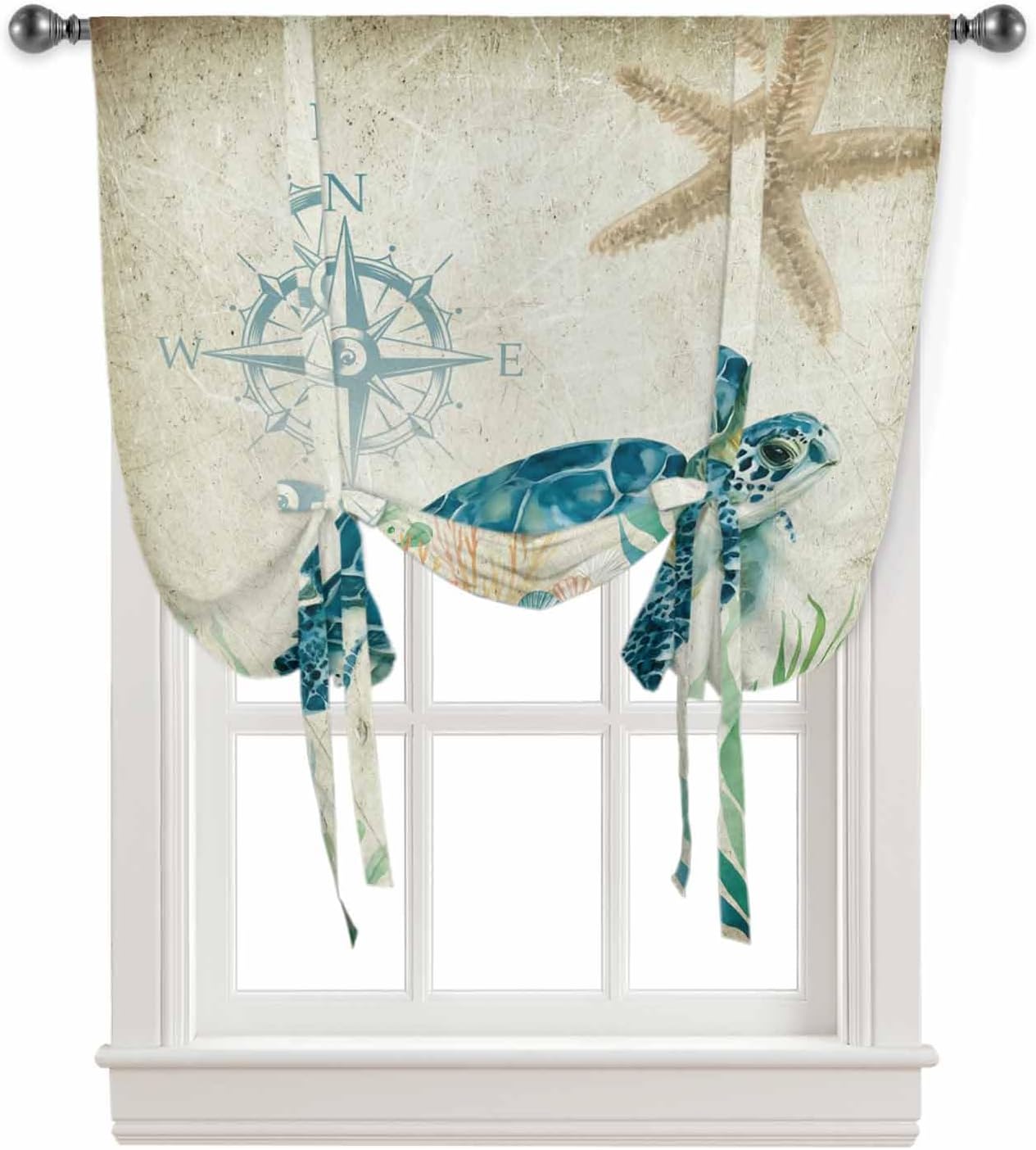 Tie Up Curtains Window Shades, Sea Turtle Underwater Starfish World Vintage Pattern Rod Pocket Tie Up Window Shade, Adjustable Balloon Curtain Shade for Blinds Kitchen Bathroom, 1 Panel, 42"x63"