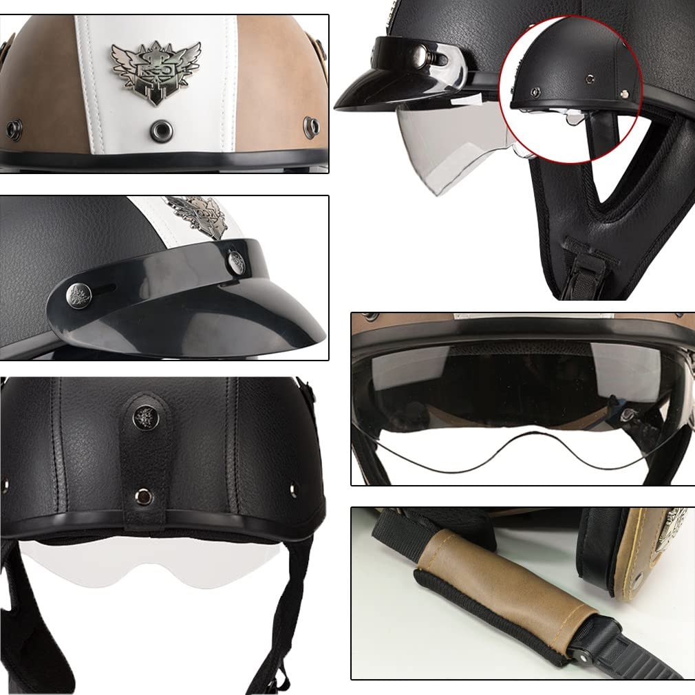 Kask motocyklowy Kask Vintage Jet Skórzany kask z certyfikatem ECE/kropka Kask Cruiser Chopper Kask Skuter Kask Motocyklowy Kask Moped Odpowiedni dla dorosłych mężczyzn i kobiet