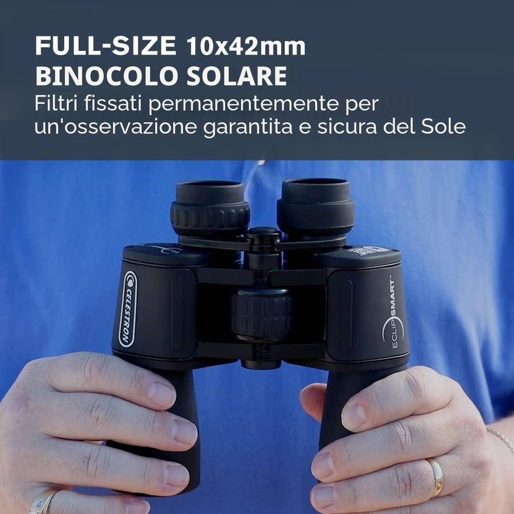 Celestron 71238 EclipSmart 10x42 Binocolo solare Porro - ISO 12312-2, impugnatura in gomma, ottica con rivestimento multiplo, vetro BK7, laccetto da collo e custodia morbida per il trasporto, nero