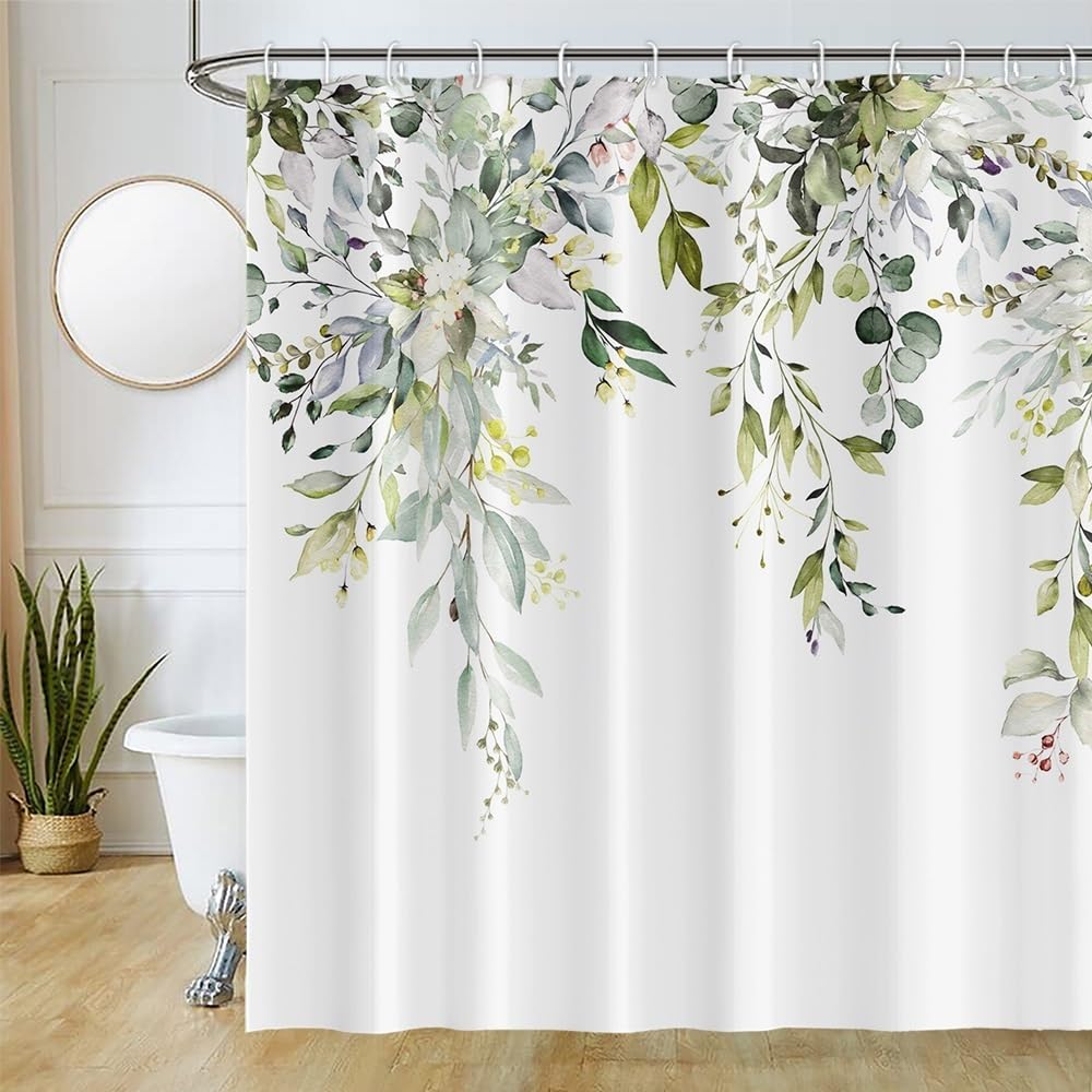 Uiiooazy Cortina de ducha verde eucalipto, cortina de ducha, diseño de hojas de acuarela, flores rosas, cortinas de ducha antimoho, tela de poliéster impermeable, lavable, cortina de baño con 12