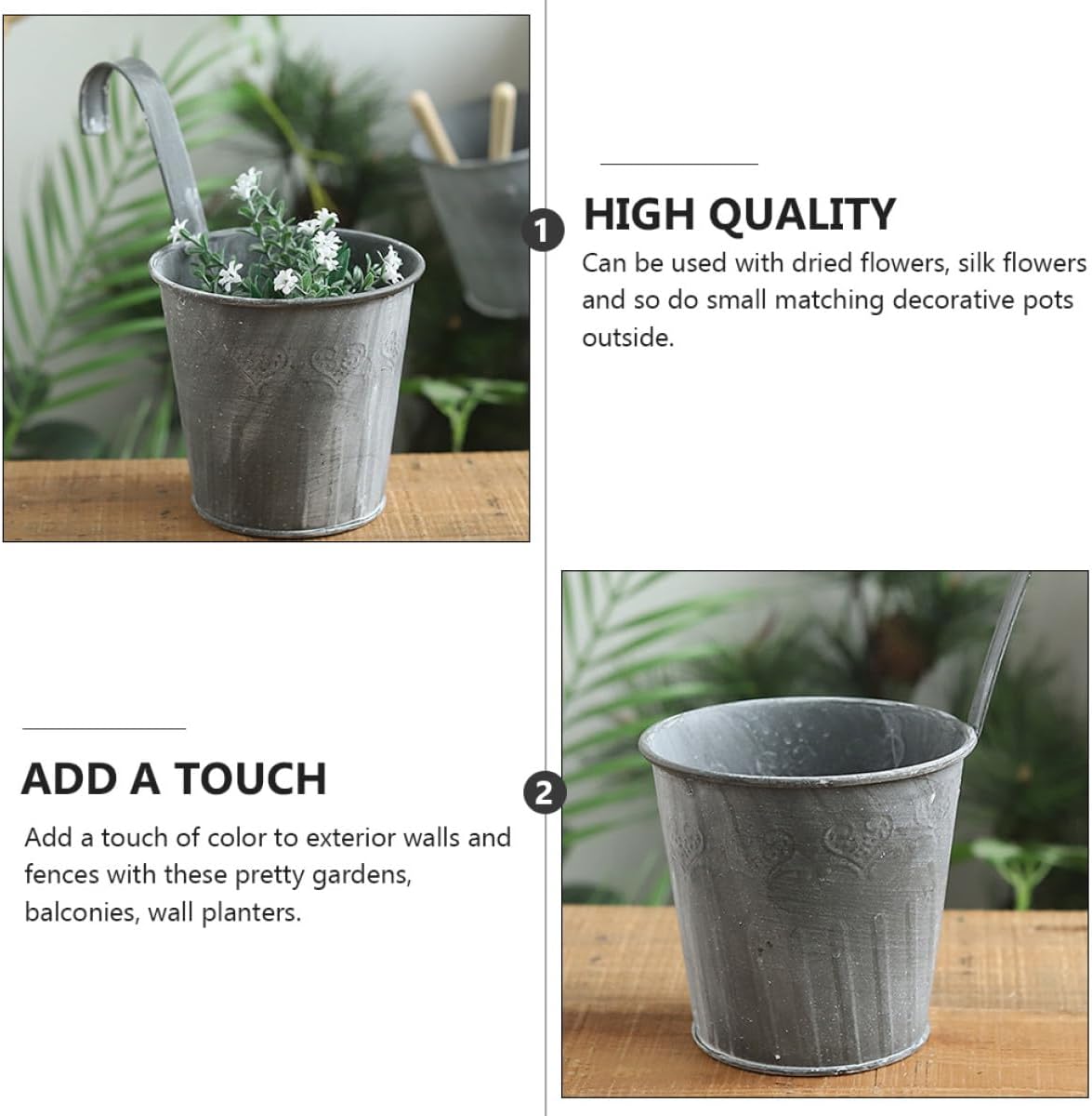 5pcs Vintage Iron Hanging Flower Pots Balcony Planters Set, Rustic Balcony Flower Buckets for Outdoor Gardening, Home Decoration with Sturdy Hanging Buckets