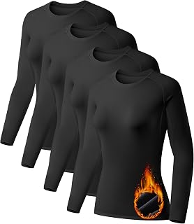 TELALEO 4 Pack Women's Fleece Lined Thermal Shirts - Long Sleeve Compression Baselayer for Cold Weather Workouts & Outdoor Activities