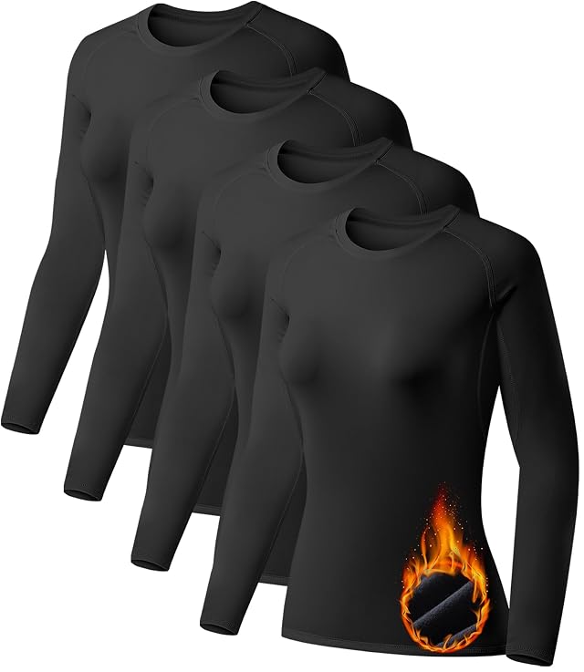 TELALEO 4 Pack Womens Thermal Shirts Fleece Lined Athletic Tops Long Sleeve Compression Workout Baselayer for Cold Weather