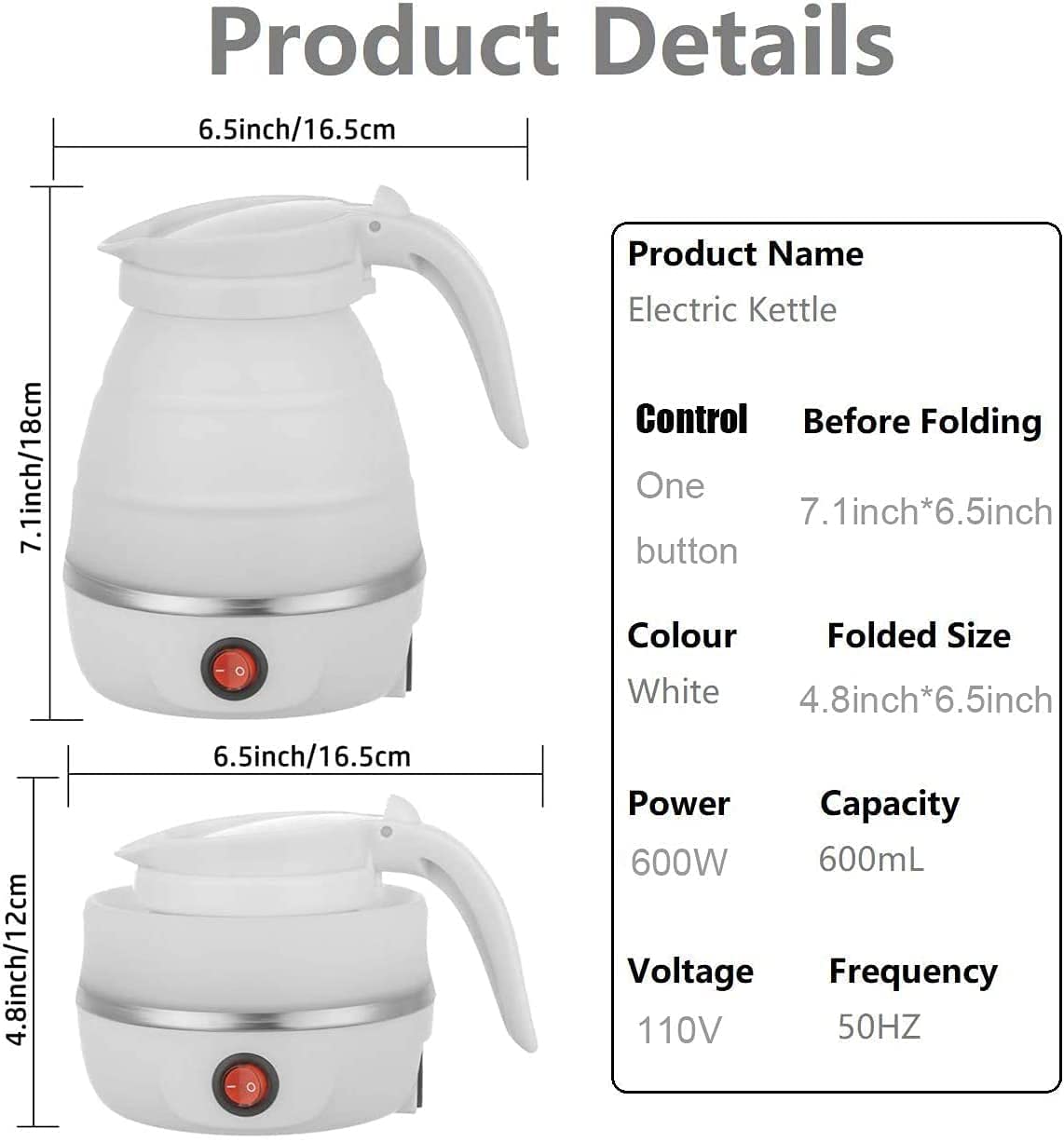 Hervidor eléctrico plegable, hervidor portátil de viaje de silicona de grado café té mini para hervir agua 600 ml caldera de calefacción de aislamiento tetera para acampar (blanco) práctico