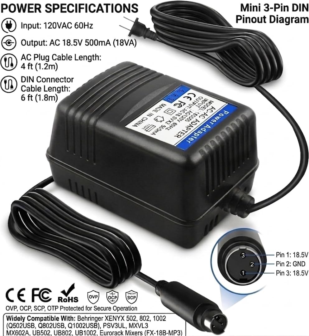 18.5V AC Power Adapter for Behringer Xenyx 502 802 1002, Q502USB Q802USB Q1002USB, UB502 UB802 UB1002 Eurorack Mixers, Replacement Power Supply Cord (3-Pin Connector)