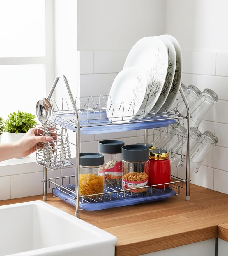 Image of AMOL Stainless Steel Kitchen Dish Rack | Rust-Resistant Utensil Stand with Glass & Spoon Holder | Wall Mountable Modular Kitchen Organizer (Made in India) (Height- 19 Inches)