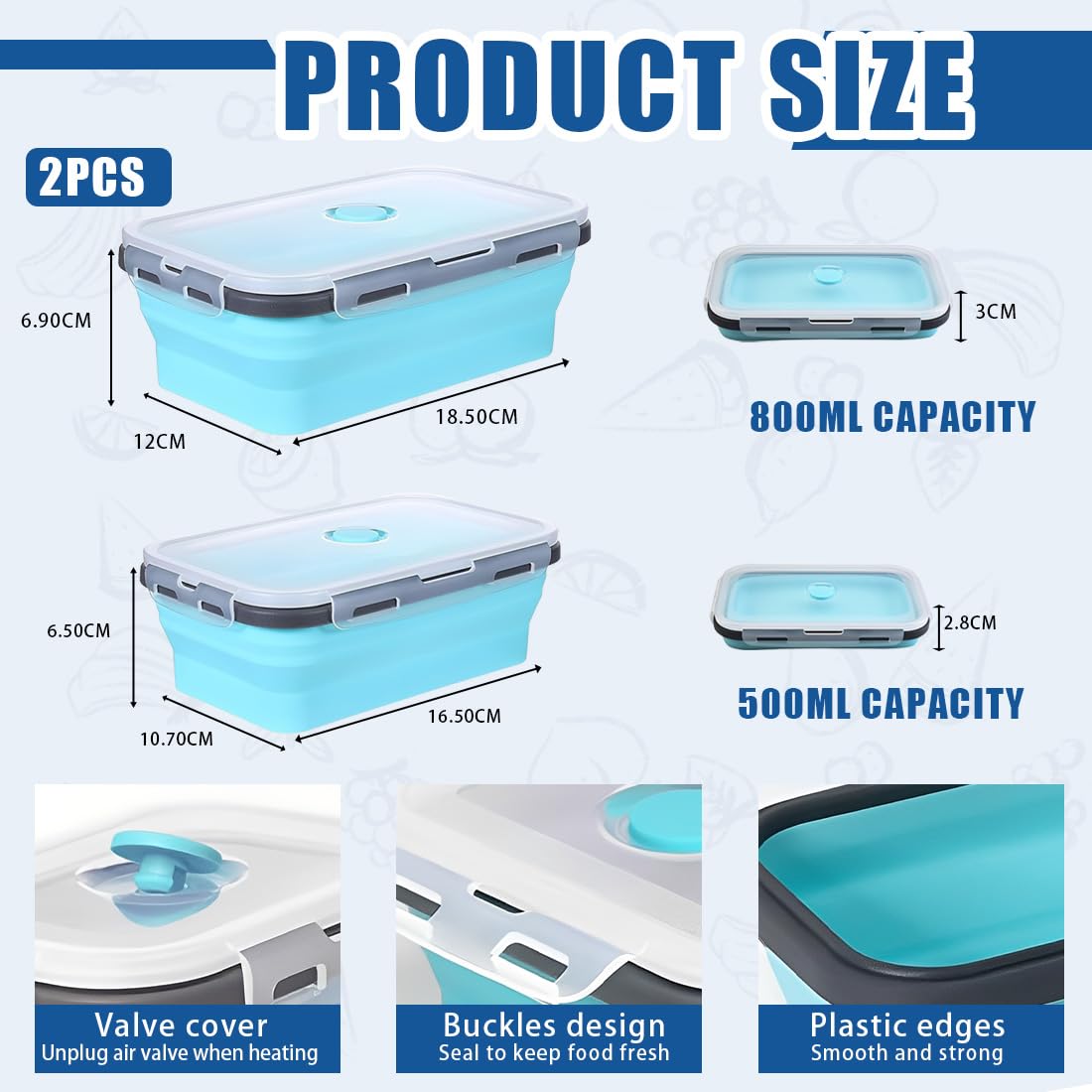 2 Pezzi Contenitori Pranzo Pieghevoli per Alimenti 800ML, 500ML, Contenitori per Alimenti, Portable Pranzo del Silicone, Set Contenitori Silicone per Alimenti Picnic Campeggio