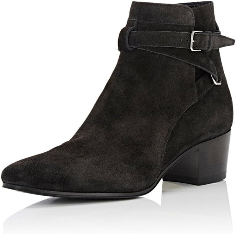 YDN Women Block Low Heel Suede Cowgirl Boots Pull on Ankle Bootie with Buckle