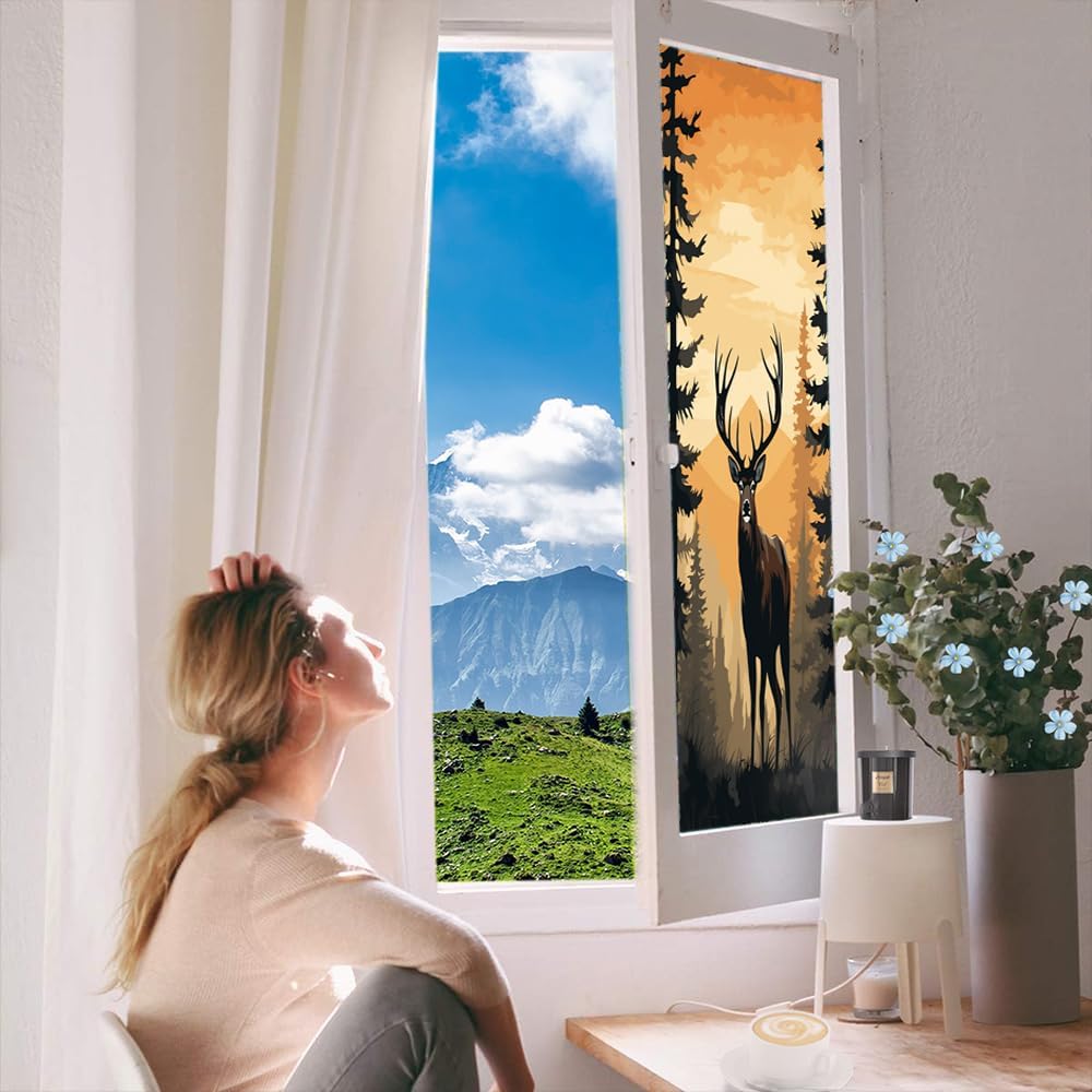 Retro Forest Deer Stained Glass Window Film Sunset Landscape Nature Wildlife Modern Window Privacy Film Self-Adhesive Glass Film Decorative Sticker Frosted Film for Home Office 35.4Wx63L inch