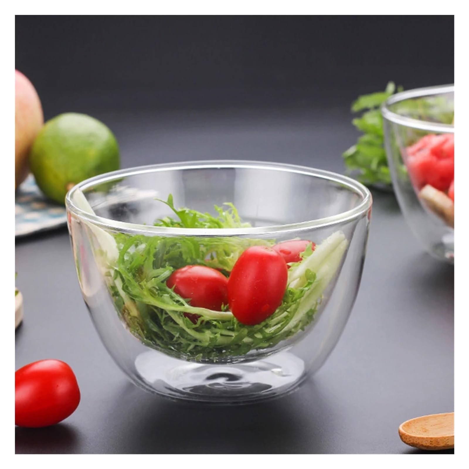 Ensaladera Cuenco de vidrio resistente al calor doble capa, vajilla for ensaladas, helados y microondas(300ml)