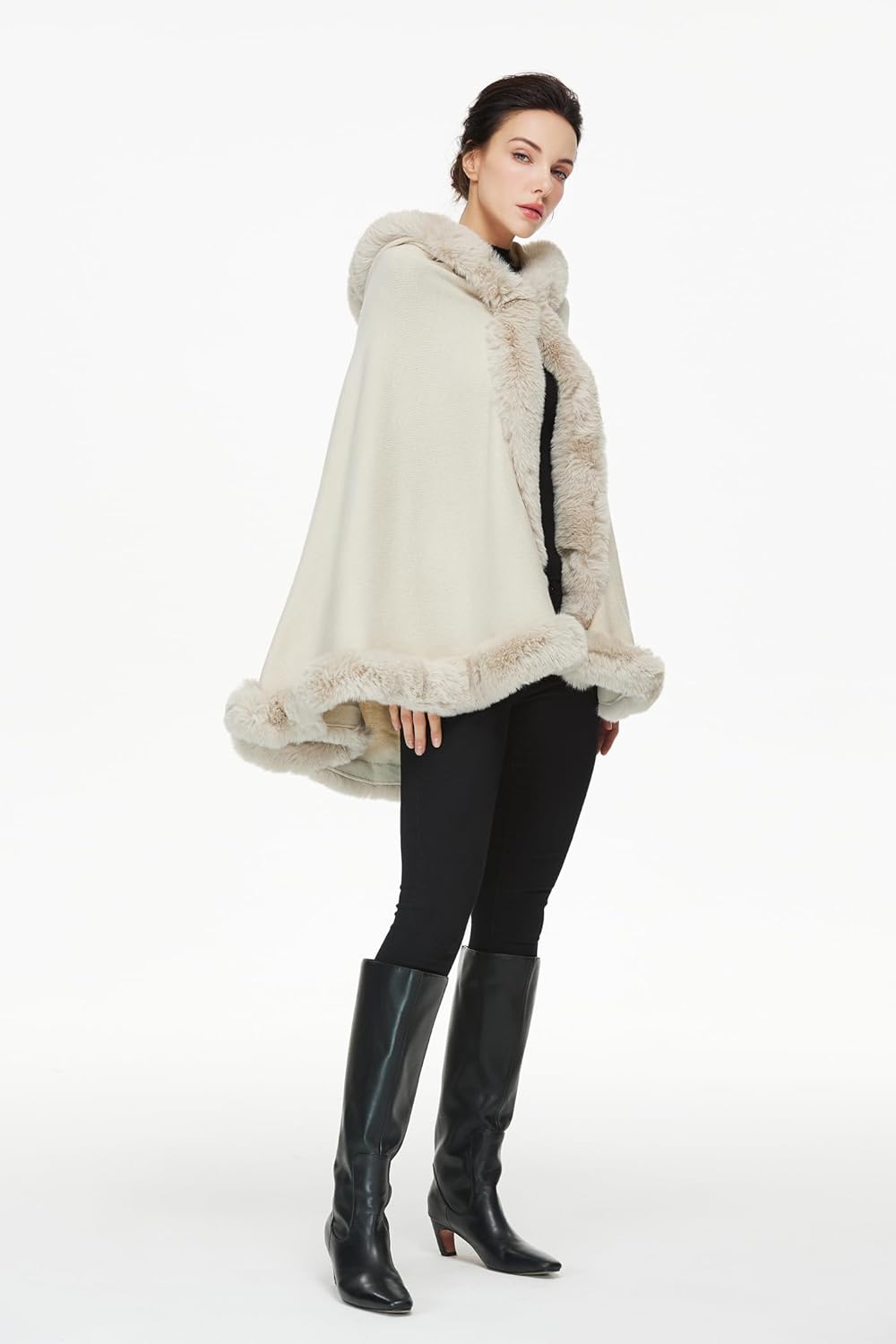 Poncho Hooded Shawl Wrap Women Cape Winter Faux Fur Trim Coat Sleeveless Cardigan Dressy Cloak for Party - Image 5