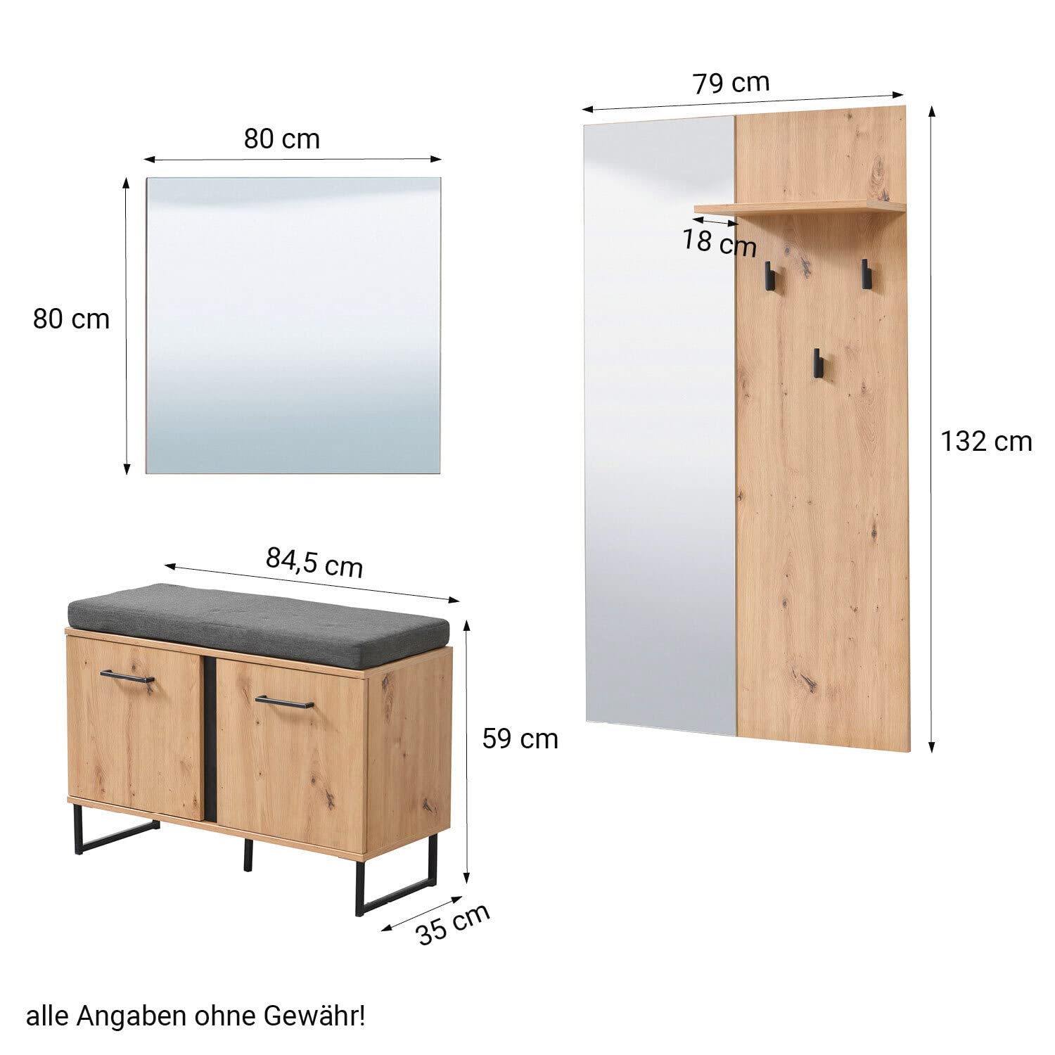 Homestyle4u 5-teilig Garderobenset Eiche Grau Holz Flurgarderobe Set
