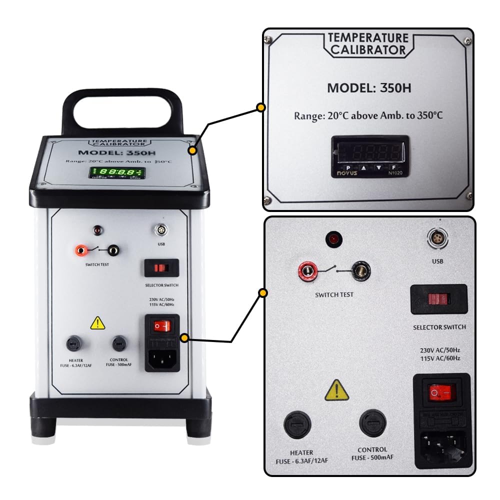 Dry Block Temperature Calibrator(Range: 50 to 350°C) with Process Calibrator | ±0.4°C Accuracy | RTD (Pt100), Thermocouple (K, J, T, N, R, S) | mA/mV/Volt/Ohm Measurement | Model SK-DBC-350