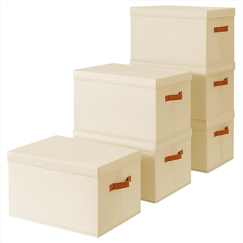 Miniatura 21 de Contenedores de almacenamiento con tapas, cestas de almacenamiento de tela para estantes, paquete de 4 cajas decorativas plegables con asas, Beige