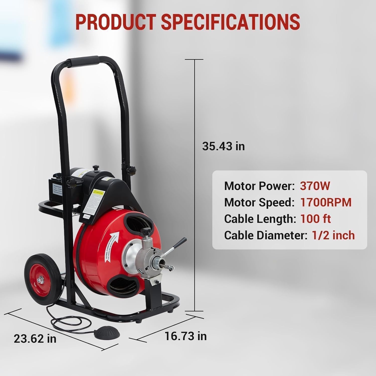 100Ft x 1/2 Inch Electric Drain Cleaner Machine, 370W Auto-Feed Sewer Snake Auger with 8 Interchangeable Cutter Heads & Foot Pedal – Heavy Duty Portable Drain Cleaning Tool for 1–4 Inch Pipes