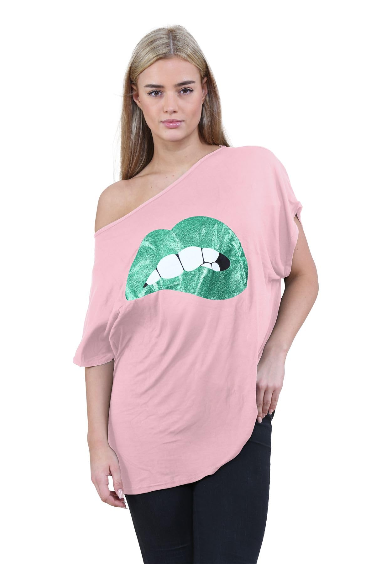janisramone® Off The Shoulder Tops for Women, Batwing Sleeve Bardot Baggy Lagenlook Ladies Tops Slogan Printed Oversized T Shirt for Women - Summer Tops for Women UK