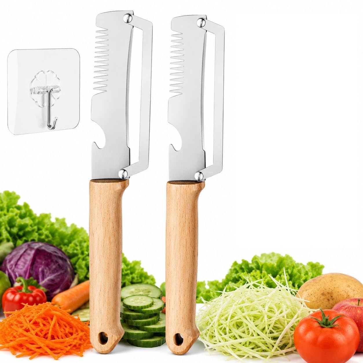 Shredder Knife, 2026 New Elite 3-in-1 Peeler Shredder & Bottle Opener, Kitchen Shredding Knife Julienne Peeler Veg, Stainless Steel with Wooden Handle, Peeler for Potato Fruit Veg, 2PCS (C)