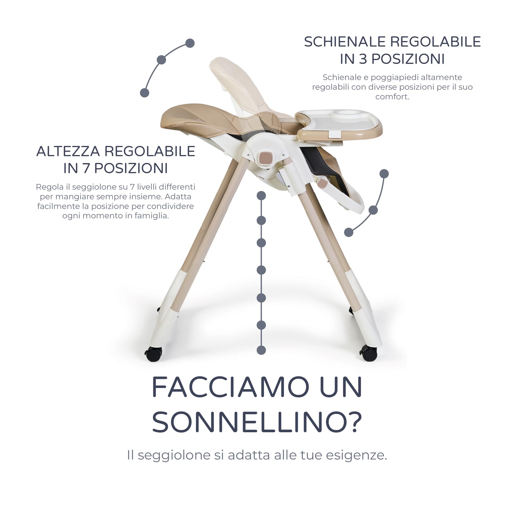 MS BabyWorld – Seggiolone Pappa Evolutivo Tasty | 7 Posizioni di Altezza e 3 di Reclinazione | Vassoio Estraibile e Poggiapiedi Regolabile | Portatile, Pieghevole, Fino a 3 anni