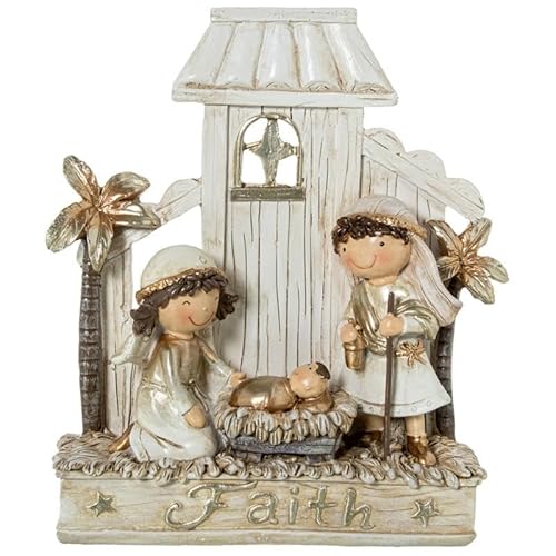 DRW Misterio Nacimiento Belen con Portal de Resina Blanco, Beige y Dorado 17x13x4 cm