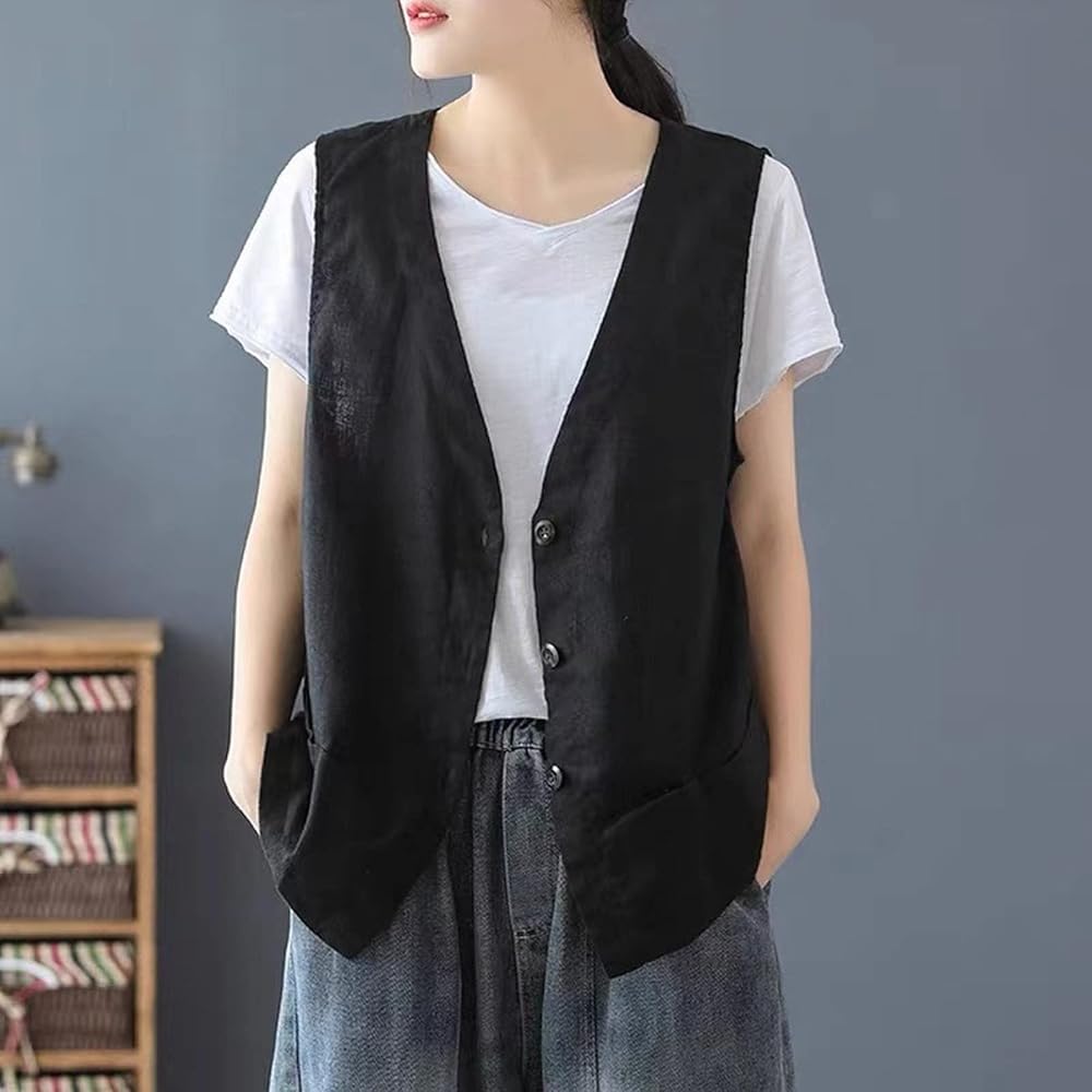 MidiUmi｜cotton linen V neck vest for Women Cotton Linen Button Down V Neck Vest Jacket