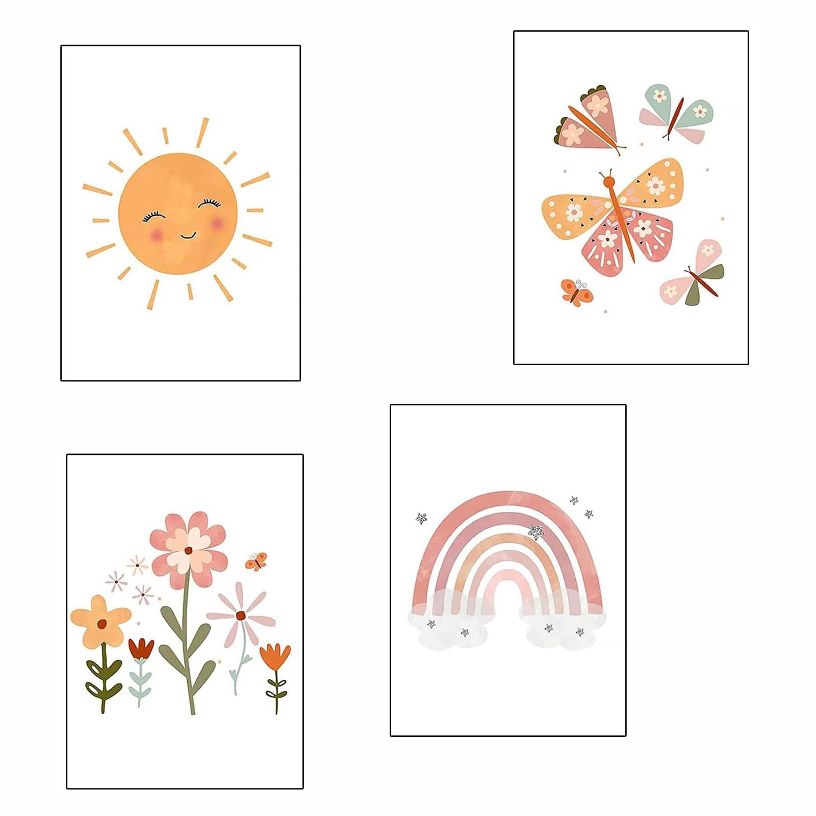 Regenbogen Sonne Wolke Blumen und Schmetterlinge Wandbilder DIN A4 Poster | 4er Set Bilder Kinderzimmer Boho Babyzimmer Mädchen Deko für Kinder,Ohne Rahmen (21x30cm)