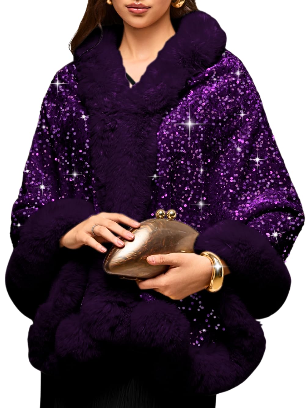 Photo 1 of EHSUYAB Women's Sequin Faux Fur Shawl Wrap, Winter Bridal Wedding, Luxury Elegant Velvet Fur Coat Jackets Cape Evening Party Purple One Size