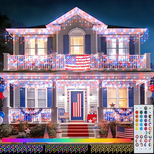 Patriotic 4th of July Icicle Lights with Remote, 35 Colors 9 Modes Christmas String Lights Outdoor, 240 LED 38.5 FT RGB Waterproof Hanging Lights for Roof Window Home Party Memorial Day Decorations