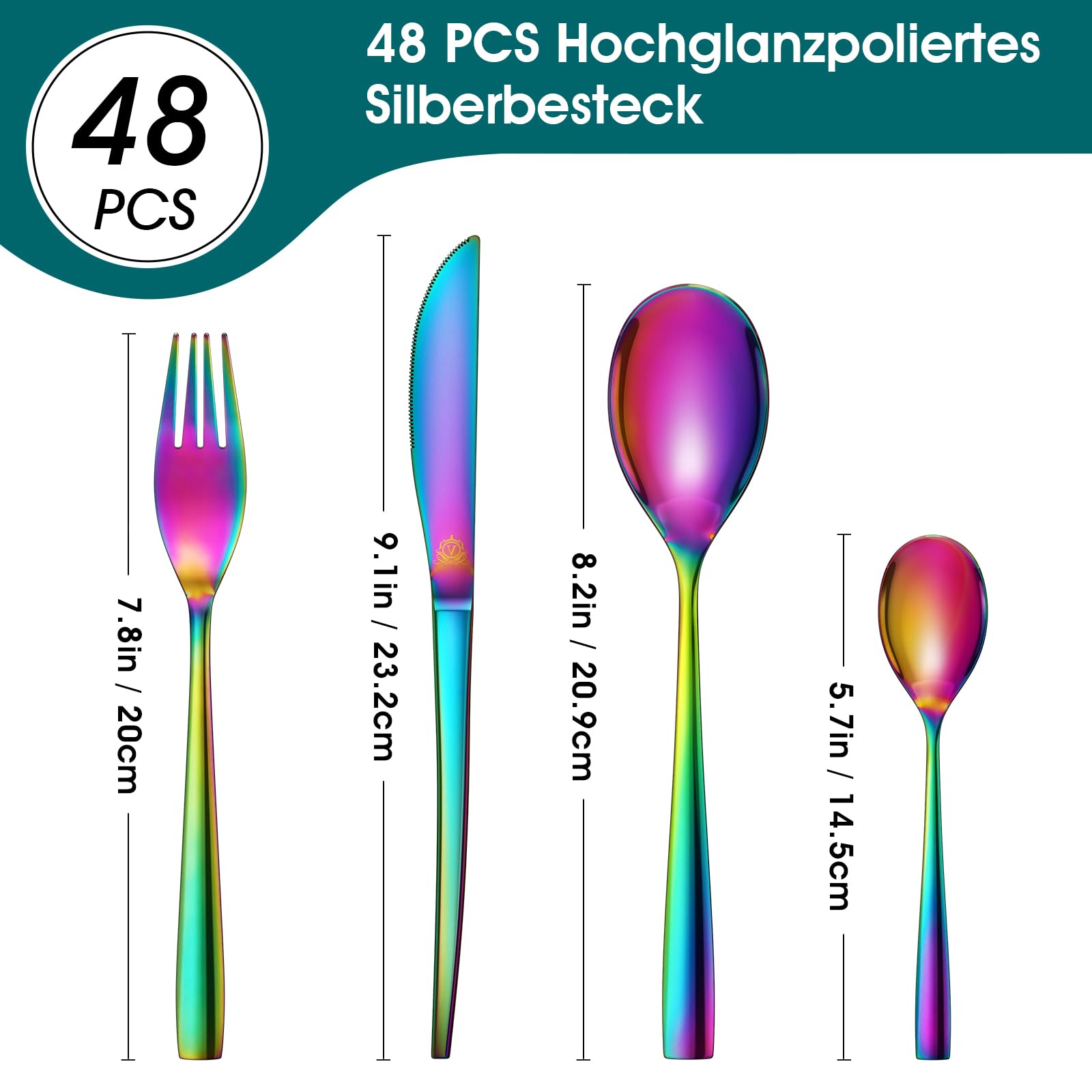 Vancasso - Cubertería (48 piezas, acero inoxidable, cubiertos de mesa, punta cuadrada, servicio de cubiertos, 12 personas, incluye 1 cuchillo, 1 tenedor, 2 cucharas, lavable en lavavajillas, mulicolor
